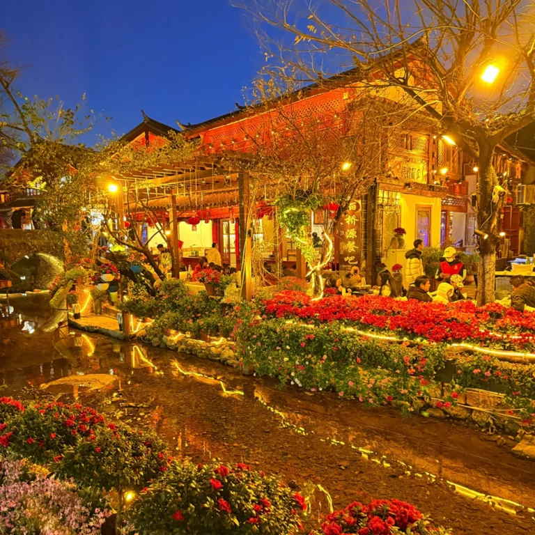 夜晚的 麗江古城 燈火通明,小橋流水與花卉點綴其間,街邊餐廳與遊客交織,營造出溫馨浪漫的古城氛圍。