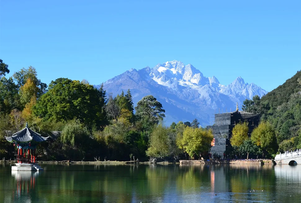 雲南麗江的 黑龍潭 湖景與遠方的 玉龍雪山 同框入鏡。清澈湖水倒映著雪山、藍天與周圍的綠樹景觀，湖畔可見傳統中式亭子與古建築，景色寧靜而壯麗。前景鮮豔花卉點綴湖岸，使整個畫面呈現出層次豐富且富有詩意的自然與人文景觀。