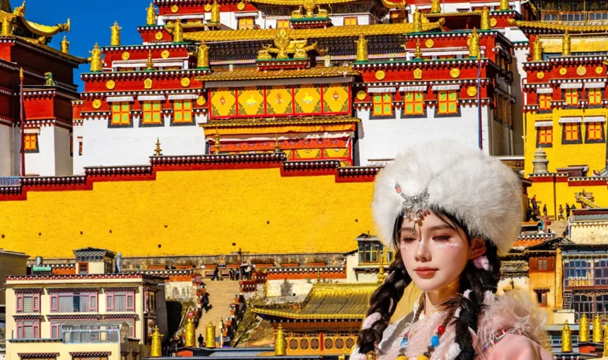 在 松贊林寺 前,遊客身著藏族傳統服飾拍照留念,金頂寺廟群莊嚴宏偉,色彩鮮豔,人物與藏式建築相互映襯,充滿民族風情。