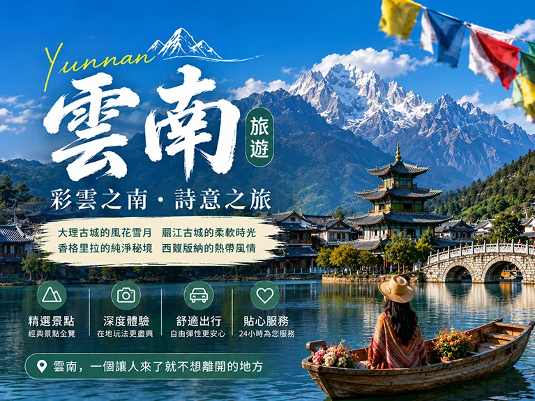 雲南旅遊 Banner 展示麗江古城、雪山湖泊與民族風情，呈現大理、香格里拉與西雙版納特色景觀