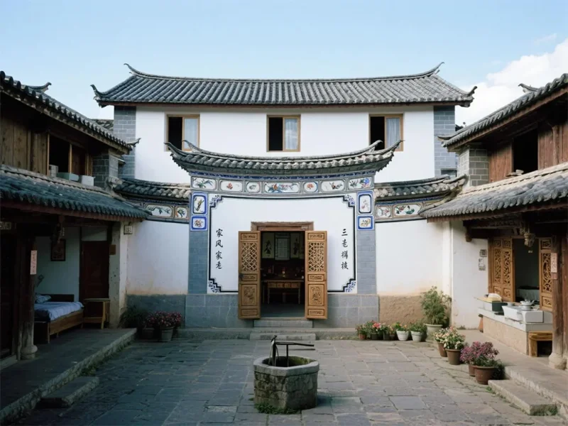 大理白族傳統民居,庭院式布局,白牆灰瓦,展現典型地方建築風格。