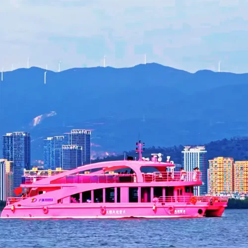 在 洱海 湖面上,一艘粉色遊艇緩緩航行,背景為大理城市建築與遠山景觀。