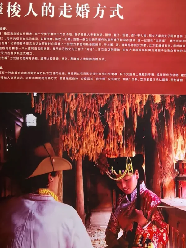 一張介紹摩梭人走婚方式的展板,上方有詳細的繁體中文說明文字,下方配有一張身著傳統服飾的摩梭男女在室內互動的紀實照片。