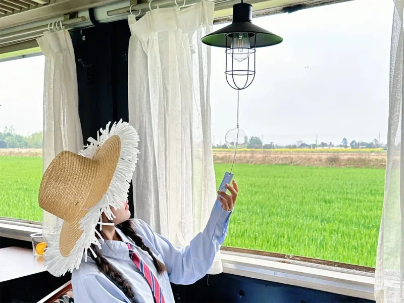 大理喜洲古鎮田園生活,透過窗景可見綠色稻田,氛圍悠閒舒適。